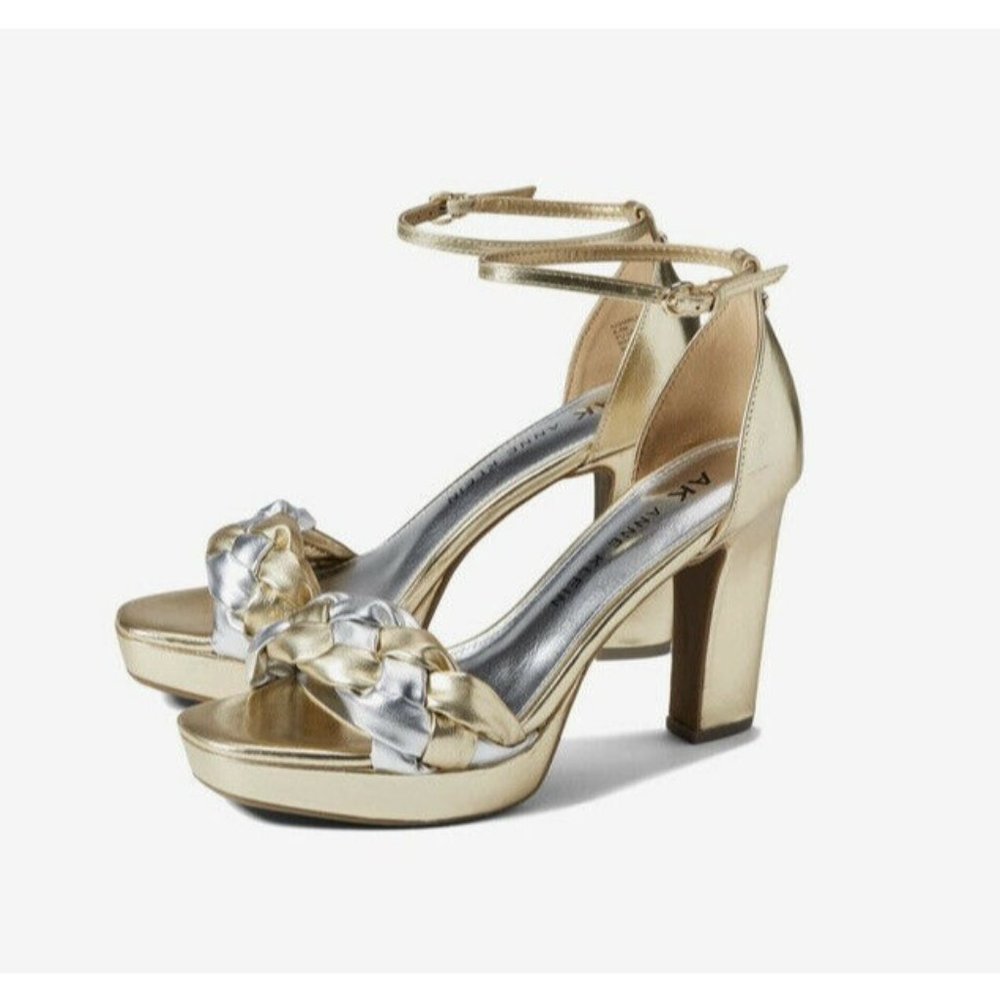Anne Klein Gold Silver Metallic Woven Braided Ankle Strap Heels Sandals